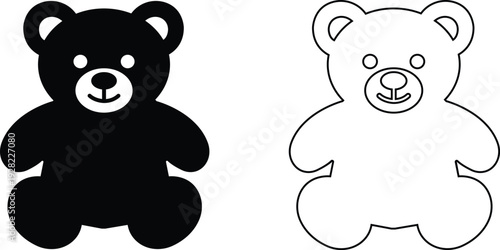 teddy bear vector set collection group with cute toy silhouette and outline icons, baby nursery plush mascot symbol isolated on transparent background, editable minimalist design