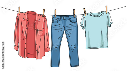 Red shirt, blue jeans, and a light blue t-shirt hanging on a clothesline with wooden pins to dry in the breeze.