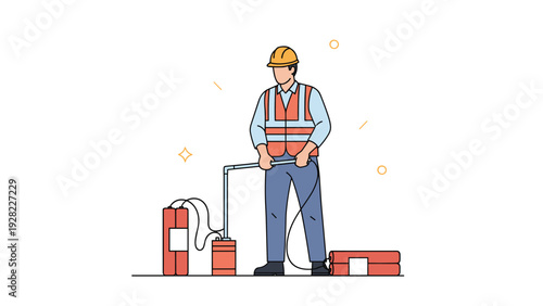 Construction worker in safety gear operates a detonation device connected to dynamite sticks for a demolition or mining operation.