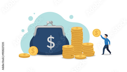 Small business owner adds gold coins to a large blue purse representing financial growth, savings, and wealth accumulation strategies.