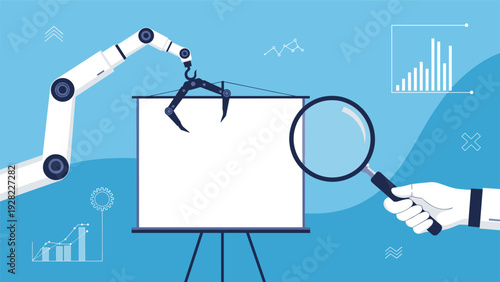 Robotic arm uses a magnifying glass to inspect a blank presentation whiteboard with data charts and graphs in the background for analysis.