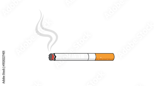 Lit cigarette lies horizontally with a glowing tip and a thin trail of smoke rising from it against a clean white background for contrast.