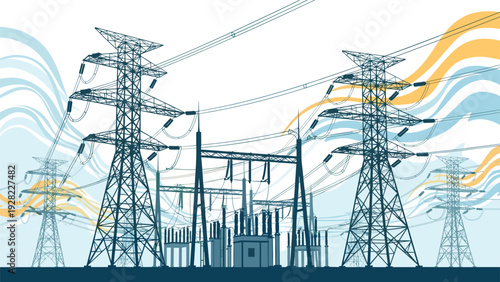 High voltage power lines and towers stand against a background of abstract energy waves representing electricity distribution and utility.
