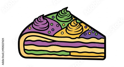 Vibrant mardi gras cake slice with purple green and yellow frosting layers on white background