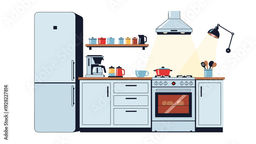 Modern clean kitchen interior features white cabinets, a refrigerator, stove, oven, and various cooking utensils on the wooden counter.