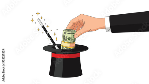 Magician hand in a black suit pulls a thick roll of money from a top hat with a magic wand and sparkling stars representing quick wealth.