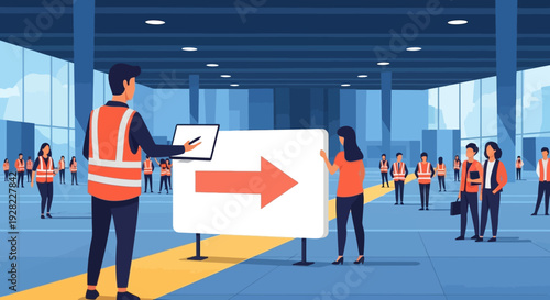 Warehouse Workers Wearing Safety Vests Directing People.