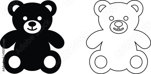 teddy bear vector set collection group with cute toy silhouette and outline icons, baby nursery plush mascot symbol isolated on transparent background, editable minimalist design