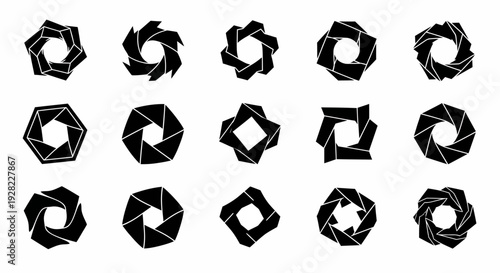 Iris diaphragm icons, camera aperture symbols set