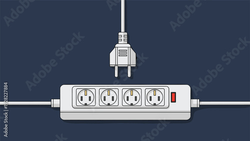 White electrical power strip with four sockets and a power switch is shown with an unplugged cord positioned directly above the outlet.