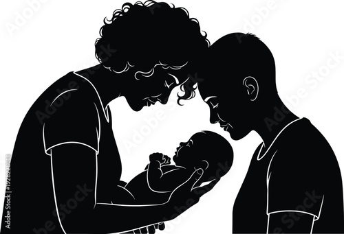 Loving parents holding newborn baby silhouette illustration showing family bonding, tenderness and parental care isolated on white