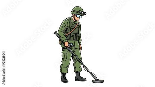 Soldier in a camouflage green uniform and helmet carefully uses a metal detector on the ground for mine clearing or search operations.