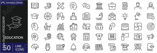 Education icons set editable stroke. Including learning, school, university, online education, presentation and academic projects