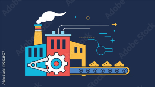 Simplified industrial factory building illustration with smoking chimneys and a gear mechanism on a conveyor belt for manufacturing.