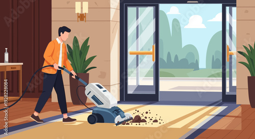 Man Cleaning Floor with Vacuum Cleaner.