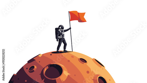 Astronaut in a white space suit plants a red flag on the surface of the moon with large craters under a starry black cosmic background.