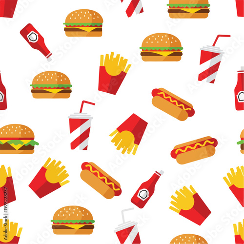 Fast Food Burgers Fries and Drinks Pattern.