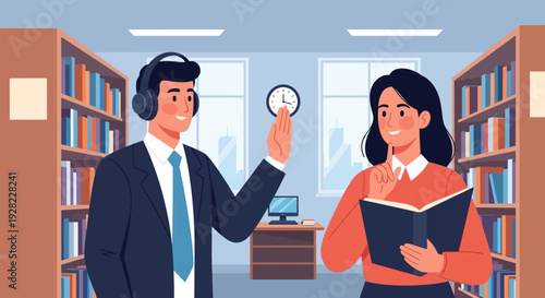 Man and Woman Reading in Library Setting.