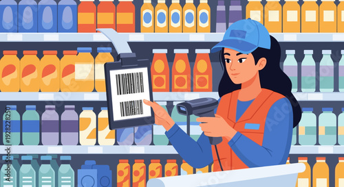 Woman Scanning Barcode on Grocery Product.