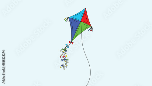Brightly colored diamond shaped kite with long decorative tails flies high against a clear light blue sky representing leisure and fun.