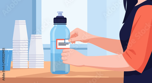 Woman labeling reusable water bottle on counter.
