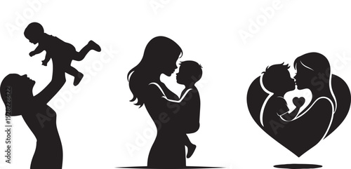 Mother and baby silhouette set  collection, loving mom lifting child, family parenting illustration, maternal love graphic for Mother’s Day design.