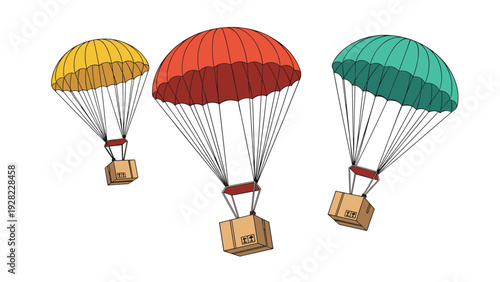 Three colorful parachutes with attached cardboard boxes descend through the air representing emergency relief or air delivery services.