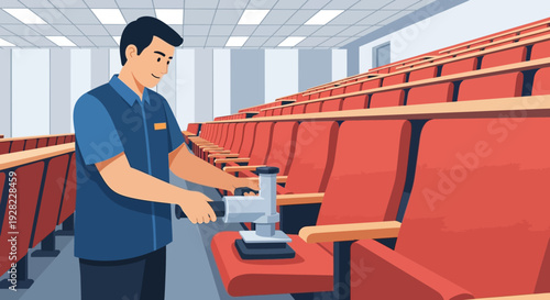 Man Cleaning Desk in Empty Classroom.
