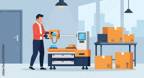 Warehouse Worker Packaging Boxes with Machine.