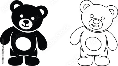 teddy bear vector set collection group with cute toy silhouette and outline icons, baby nursery plush mascot symbol isolated on transparent background, editable minimalist design