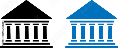 Modern bank building icons in black and blue for finance designs