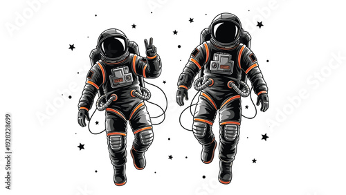Two astronauts in black and orange space suits float gracefully in outer space surrounded by twinkling stars and cosmic dust.