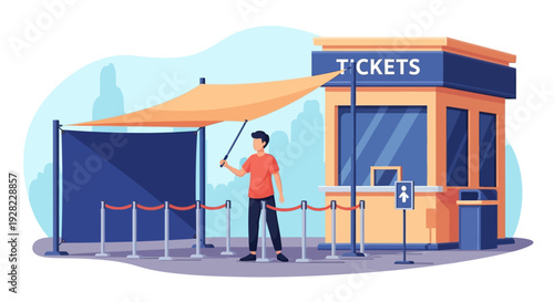 Ticket Booth Attendant Selling Tickets Outside.