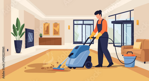 Man Cleaning Floor with Carpet Cleaner.
