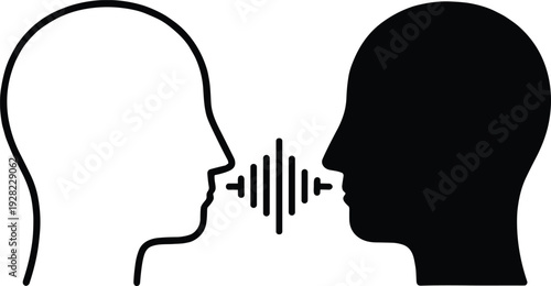 Communication concept with human head silhouettes, voice sound wave between profiles, speaking and listening vector isolated on white background