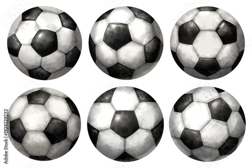 Watercolor illustration set of classic soccer balls in various angles. Transparent background.