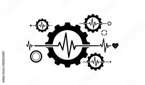 Minimal gear and heartbeat fusion icon set medical technology vector isolated on transparent background