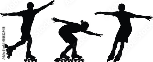 Roller Skating Silhouettes Collection with Male and Female Inline Skaters Performing Balance and Speed Poses