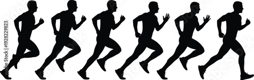 Running Man Silhouette Sequence Set with Athlete Sprinting Jogging and Marathon Training Poses Vector Illustration