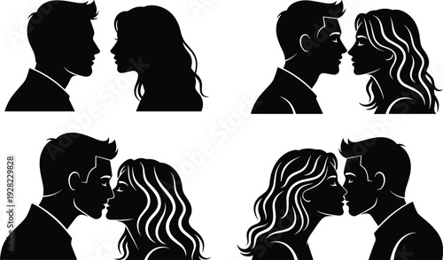 Romantic Couple Silhouettes Set with Man and Woman Facing and Kissing Profile Love Vector Illustration