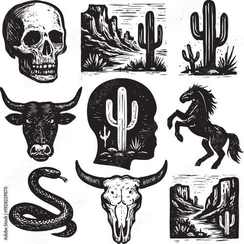 Linocut western boho set vector