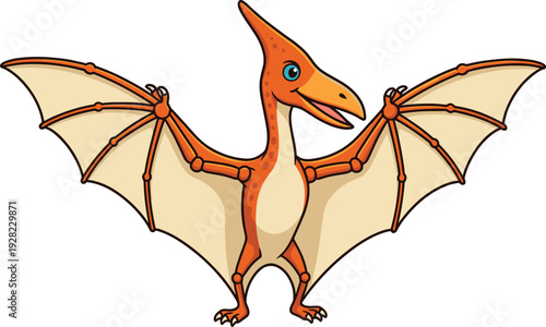 Cute cartoon pterodactyl dinosaur illustration, flying prehistoric creature character, colorful vector isolated on white background