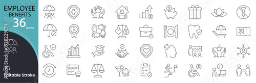 Employee Benefit icon set. Workplace  related line icons. health insurance, paid leave, retirement plan, bonus, wellness program, training, compensation, flexible hours and perks editable stroke.