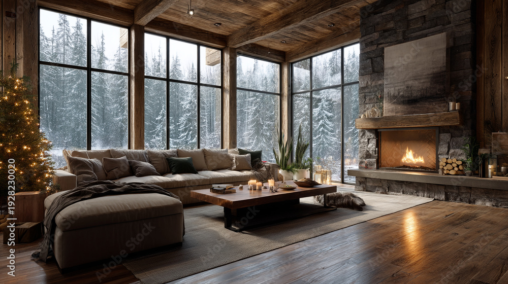 Fototapeta premium Rustic lodge interior with a stone fireplace, comfortable sofa, and large windows showcasing a snowy forest landscape.