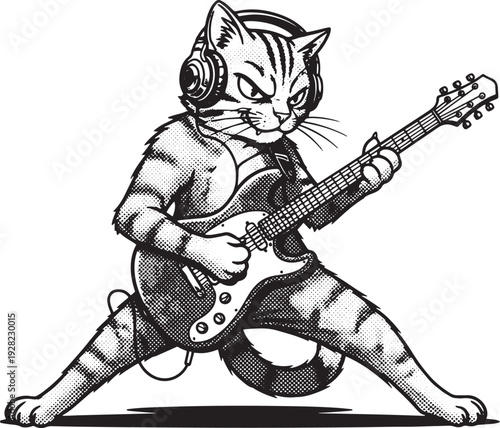 Funny Anthropomorphic Cat Musician Rocking Out Halftone Comic Art