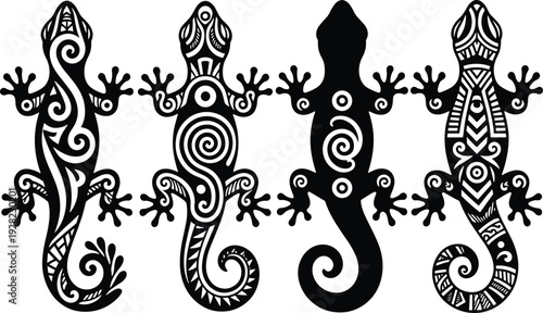 Gecko lizard tribal tattoo set, decorative ornamental reptile silhouettes collection, black ethnic design elements isolated on white background