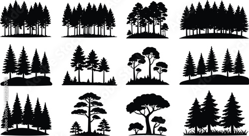 Forest silhouette collection vector illustration, pine and deciduous tree landscape set, black nature elements isolated on white background