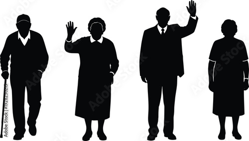 Senior men and women silhouettes waving and standing with cane isolated on white background vector illustration set