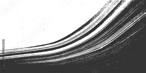 Abstract monochrome brush strokes with grainy texture and scattered dots forming a curved pattern black