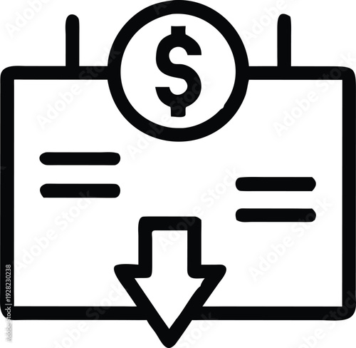 Financial icon depicting money decreasing or outflowing from an account or budget with a downward arrow
